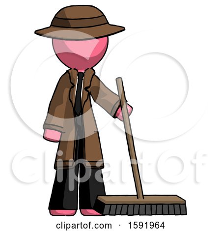 Pink Detective Man Standing with Industrial Broom by Leo Blanchette