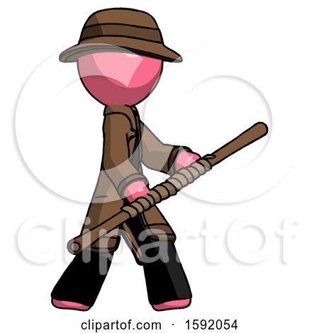 Pink Detective Man Holding Bo Staff in Sideways Defense Pose by Leo Blanchette