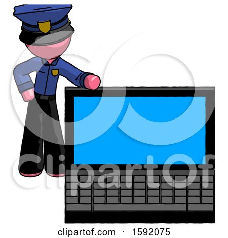 Pink Police Man Beside Large Laptop Computer, Leaning Against It by Leo Blanchette