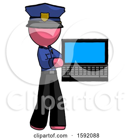Pink Police Man Holding Laptop Computer Presenting Something on Screen by Leo Blanchette