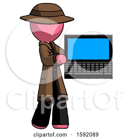 Pink Detective Man Holding Laptop Computer Presenting Something on Screen by Leo Blanchette