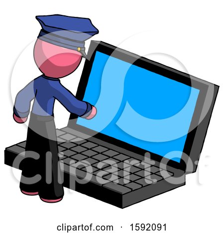 Pink Police Man Using Large Laptop Computer by Leo Blanchette