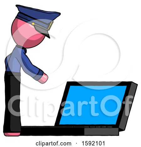 Pink Police Man Using Large Laptop Computer Side Orthographic View by Leo Blanchette