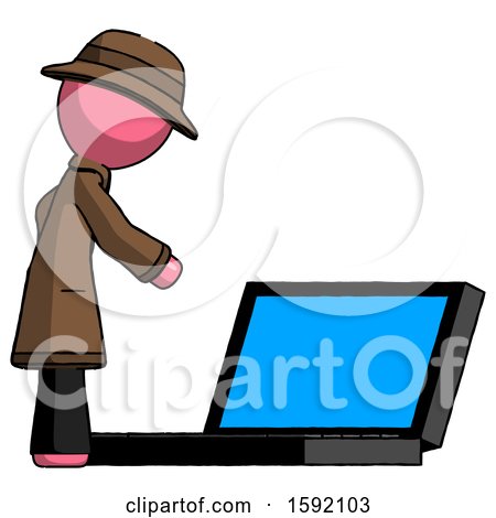 Pink Detective Man Using Large Laptop Computer Side Orthographic View by Leo Blanchette