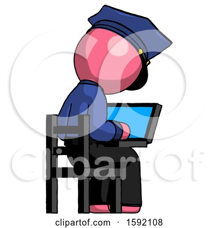 Pink Police Man Using Laptop Computer While Sitting in Chair View from Back by Leo Blanchette