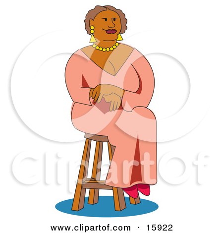 Beautiful African American Woman In A Pink Gown, Gold Earrings And A Golden Necklace, Seated On A Stool Clipart Illustration by Andy Nortnik