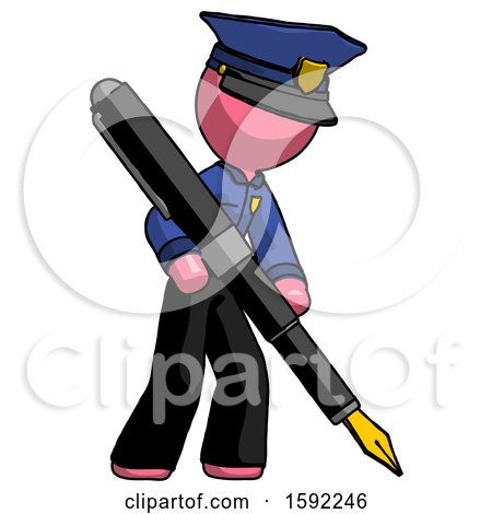 Pink Police Man Drawing or Writing with Large Calligraphy Pen by Leo Blanchette