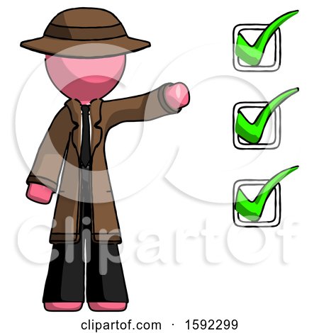 Pink Detective Man Standing by List of Checkmarks by Leo Blanchette