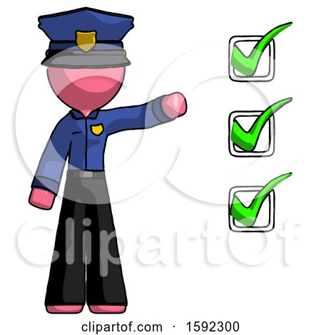 Pink Police Man Standing by List of Checkmarks by Leo Blanchette