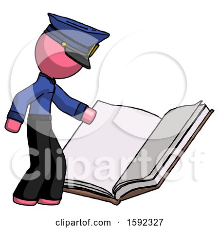 Pink Police Man Reading Big Book While Standing Beside It by Leo Blanchette