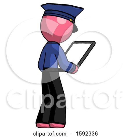 Pink Police Man Looking at Tablet Device Computer Facing Away by Leo Blanchette