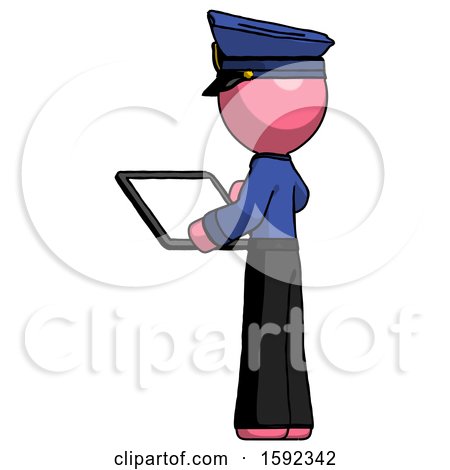 Pink Police Man Looking at Tablet Device Computer with Back to Viewer by Leo Blanchette