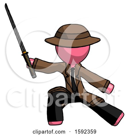 Pink Detective Man with Ninja Sword Katana in Defense Pose by Leo Blanchette