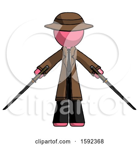 Pink Detective Man Posing with Two Ninja Sword Katanas by Leo Blanchette