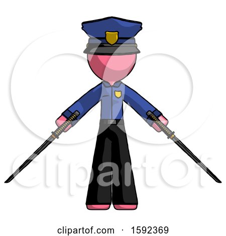 Pink Police Man Posing with Two Ninja Sword Katanas by Leo Blanchette