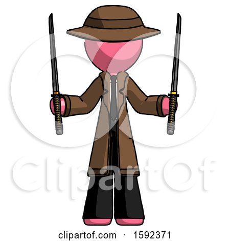 Pink Detective Man Posing with Two Ninja Sword Katanas up by Leo Blanchette