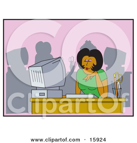 African American Woman Seated In Front Of A Computer At An Office Desk, Smiling And Thinking Clipart Illustration by Andy Nortnik