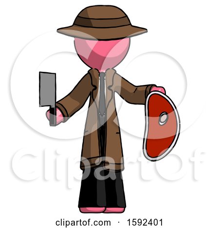 Pink Detective Man Holding Large Steak with Butcher Knife by Leo Blanchette