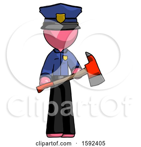 Pink Police Man Holding Red Fire Fighter's Ax by Leo Blanchette