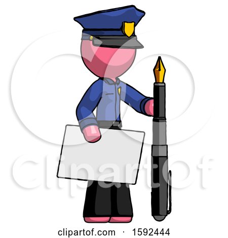 Pink Police Man Holding Large Envelope and Calligraphy Pen by Leo Blanchette