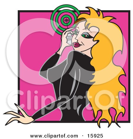 Sexy Blond Woman With Long Hair, Wearing A Black Rubber Suit And Talking On A Cellphone, Looking Back Over Her Shoulder Clipart Illustration by Andy Nortnik