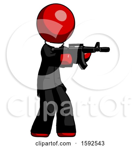 Red Clergy Man Shooting Automatic Assault Weapon by Leo Blanchette