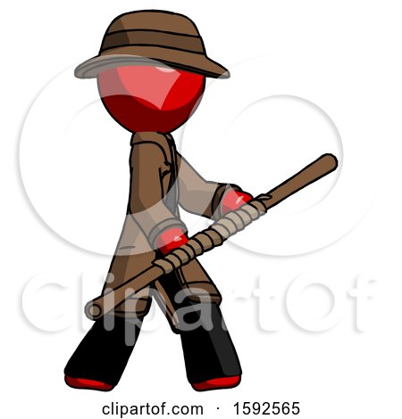 Red Detective Man Holding Bo Staff in Sideways Defense Pose by Leo Blanchette