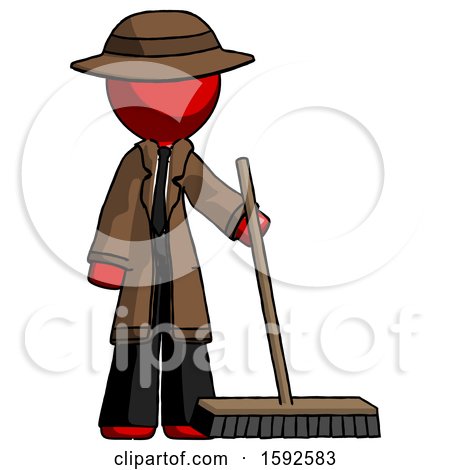 Red Detective Man Standing with Industrial Broom by Leo Blanchette