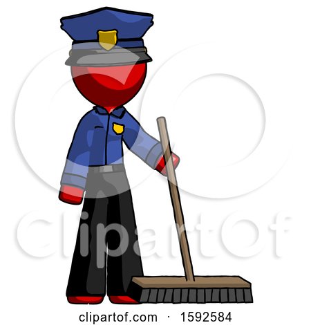Red Police Man Standing with Industrial Broom by Leo Blanchette