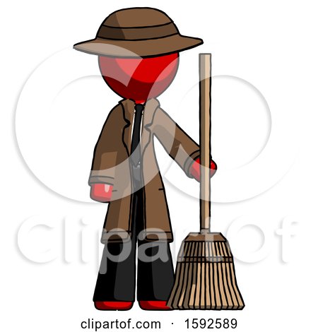 Red Detective Man Standing with Broom Cleaning Services by Leo Blanchette