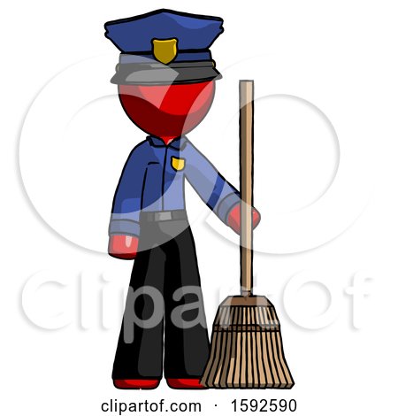 Red Police Man Standing with Broom Cleaning Services by Leo Blanchette