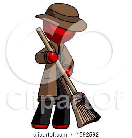 Red Detective Man Sweeping Area with Broom by Leo Blanchette