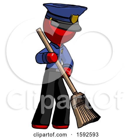 Red Police Man Sweeping Area with Broom by Leo Blanchette