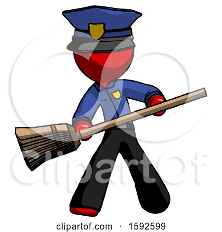 Red Police Man Broom Fighter Defense Pose by Leo Blanchette