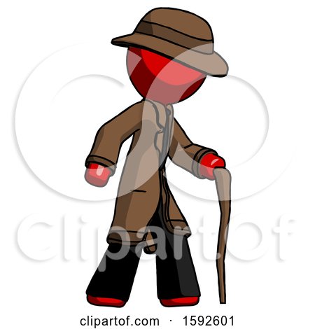 Red Detective Man Walking with Hiking Stick by Leo Blanchette