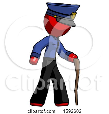 Red Police Man Walking with Hiking Stick by Leo Blanchette