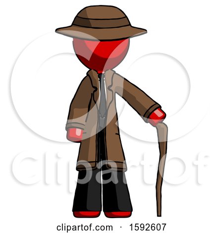 Red Detective Man Standing with Hiking Stick by Leo Blanchette