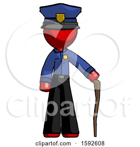 Red Police Man Standing with Hiking Stick by Leo Blanchette