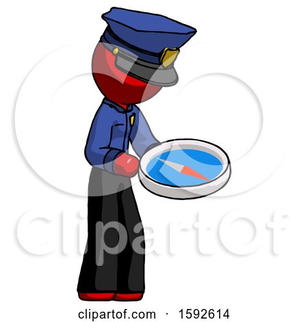 Red Police Man Looking at Large Compass Facing Right by Leo Blanchette