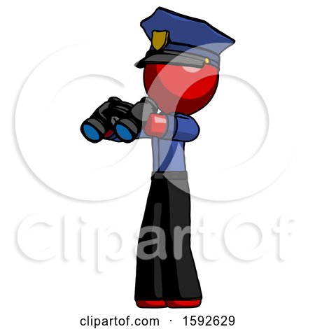 Red Police Man Holding Binoculars Ready to Look Left by Leo Blanchette