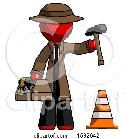 Red Detective Man Under Construction Concept, Traffic Cone and Tools by Leo Blanchette