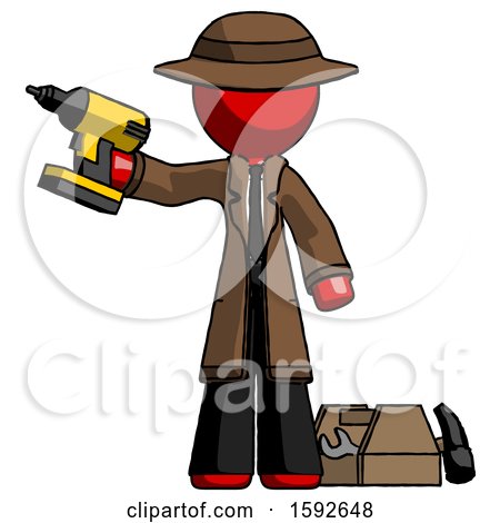Red Detective Man Holding Drill Ready to Work, Toolchest and Tools to Right by Leo Blanchette