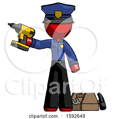 Red Police Man Holding Drill Ready to Work, Toolchest and Tools to Right by Leo Blanchette