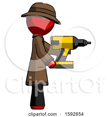 Red Detective Man Using Drill Drilling Something on Right Side by Leo Blanchette