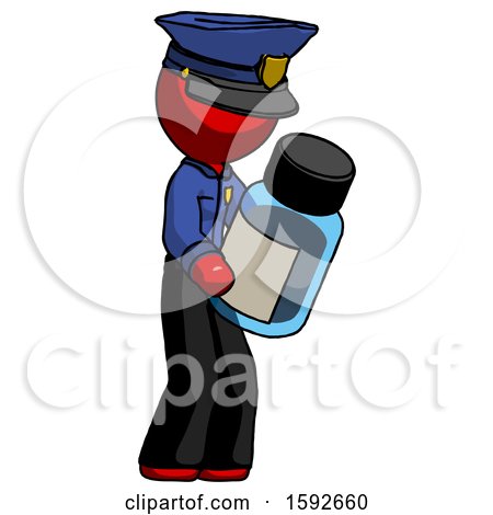 Red Police Man Holding Glass Medicine Bottle by Leo Blanchette
