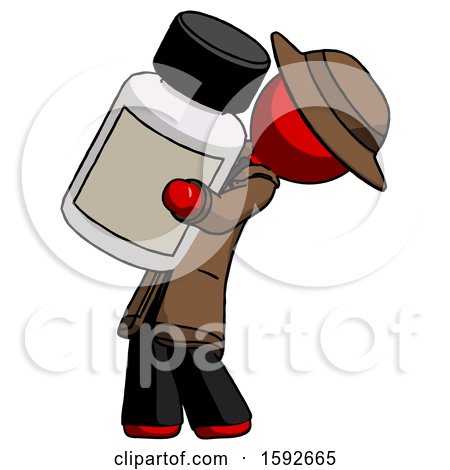 Red Detective Man Holding Large White Medicine Bottle by Leo Blanchette