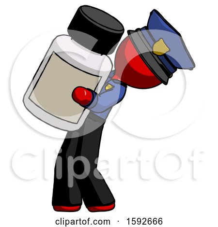 Red Police Man Holding Large White Medicine Bottle by Leo Blanchette