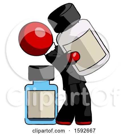 Red Clergy Man Holding Large White Medicine Bottle with Bottle in Background by Leo Blanchette