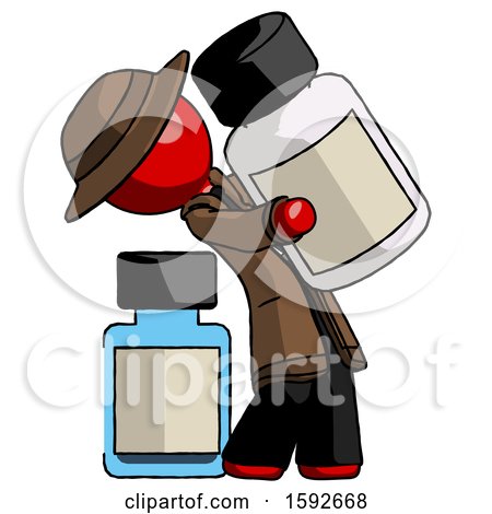 Red Detective Man Holding Large White Medicine Bottle with Bottle in Background by Leo Blanchette