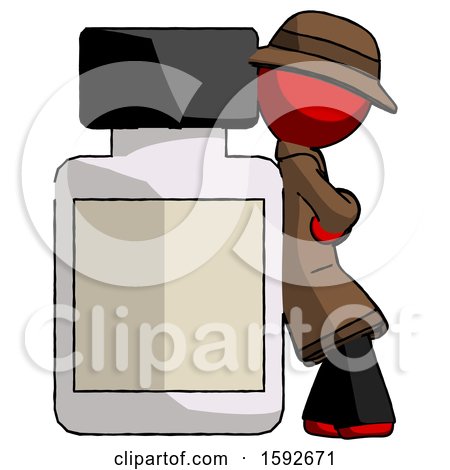 Red Detective Man Leaning Against Large Medicine Bottle by Leo Blanchette